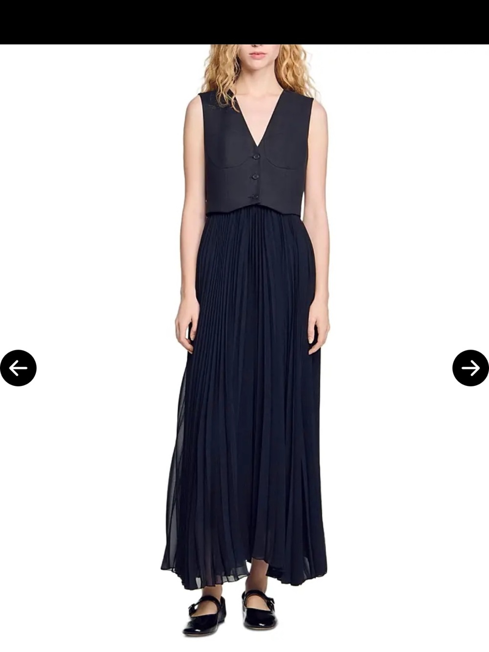 Sandro Black Pleated Maxi Dress with Button-Front Bodice